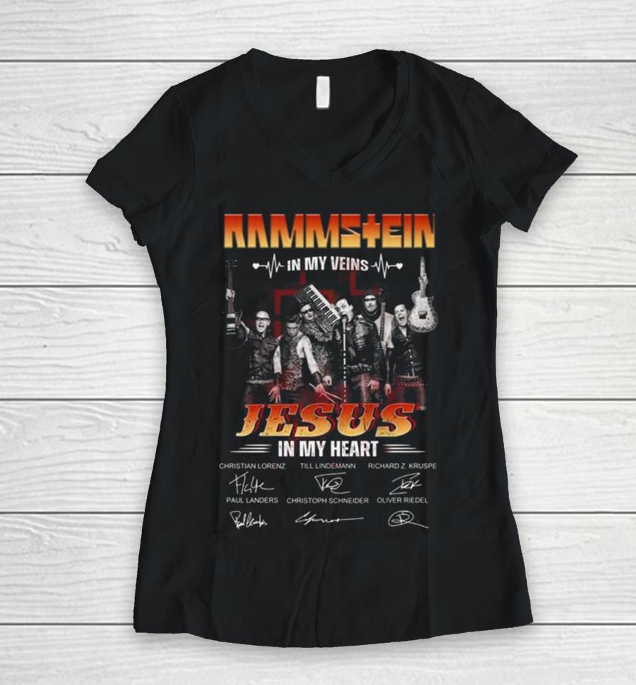 Rammstein In My Veins Jesus In My Heart Signatures Women V-Neck T-Shirt