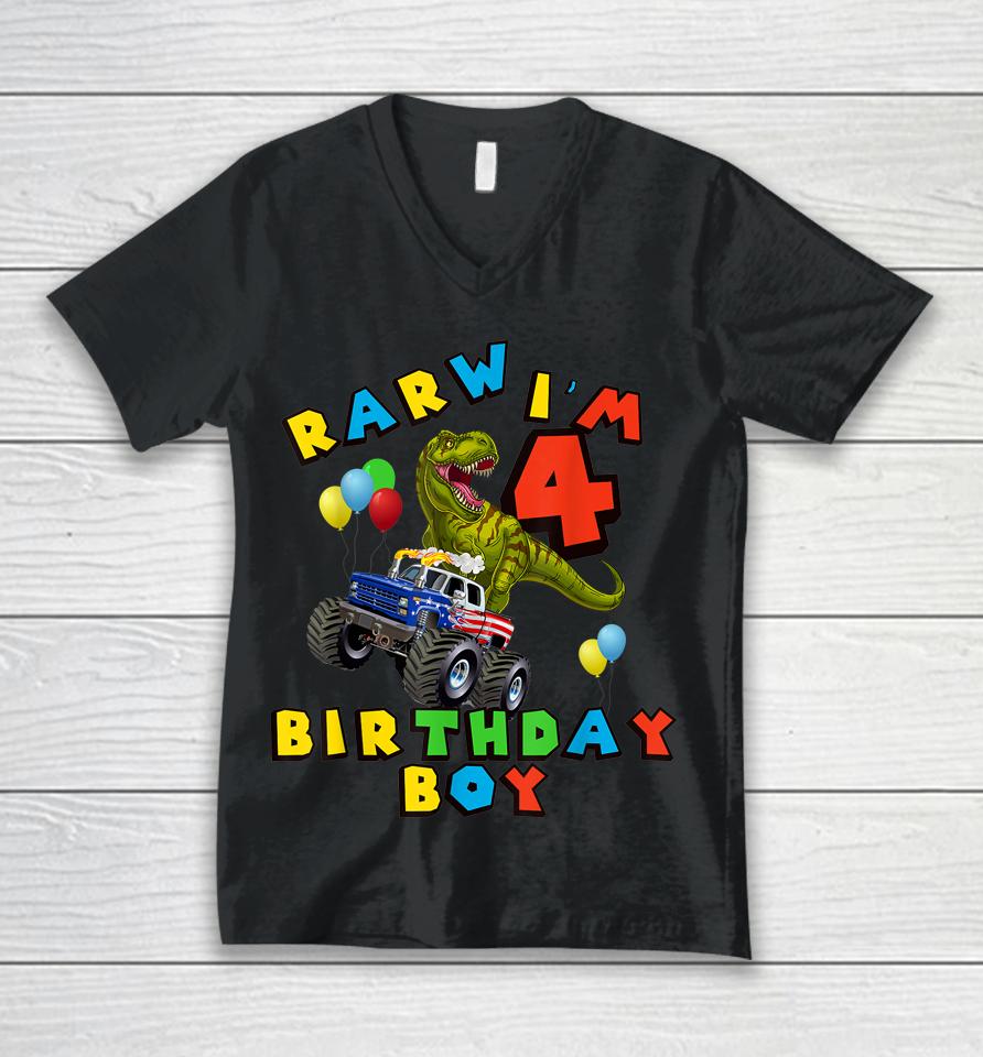Rarw 4Th Birthday Boy T Rex Dinosaur Kids 4 Year Old Unisex V-Neck T-Shirt