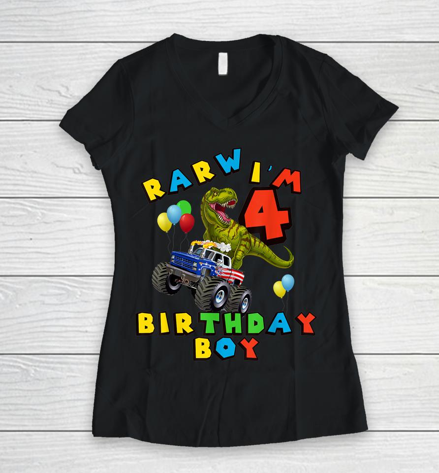 Rarw 4Th Birthday Boy T Rex Dinosaur Kids 4 Year Old Women V-Neck T-Shirt