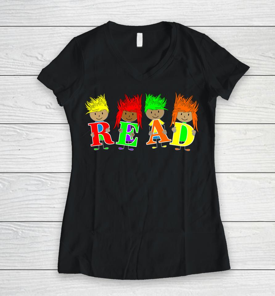 Reading Teacher Read Books Crazy Hair For Crazy Hair Day Women V-Neck T-Shirt