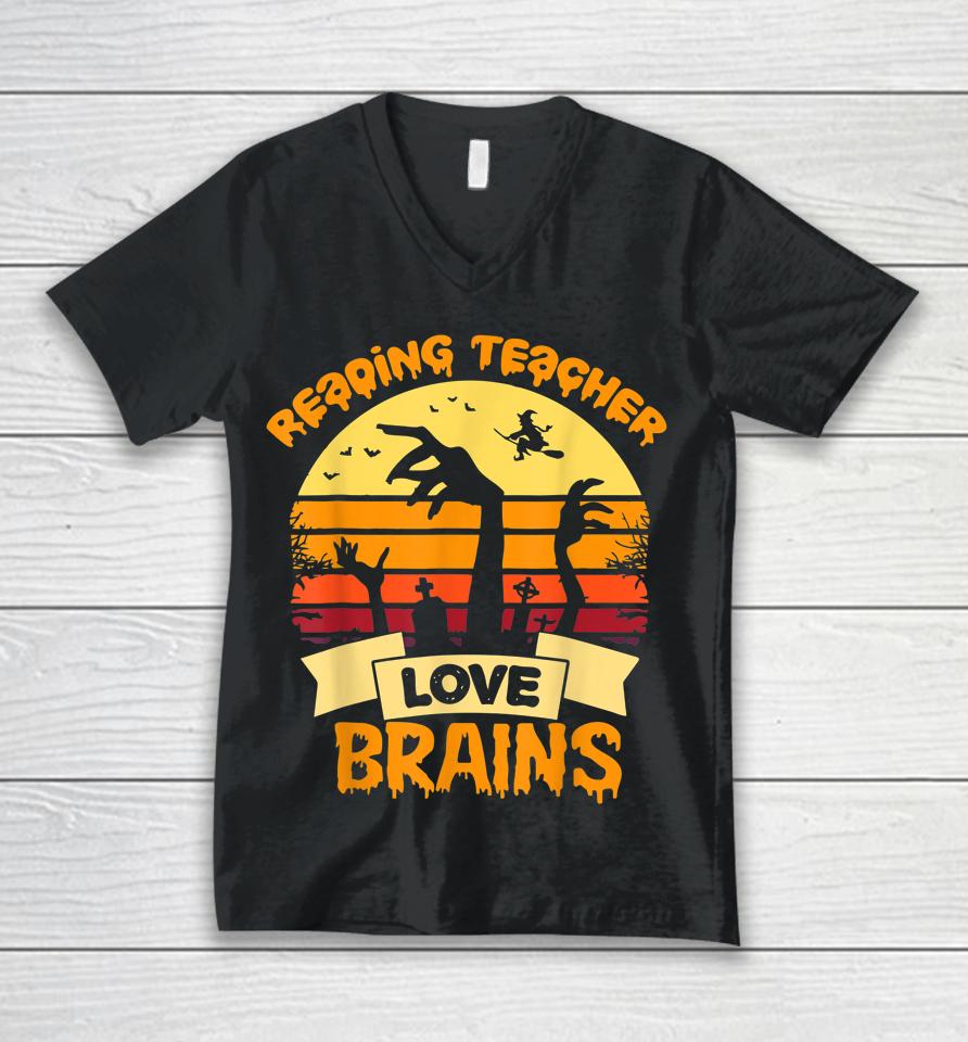 Reading Teachers Love Brains Zombie Teacher School Halloween Unisex V-Neck T-Shirt