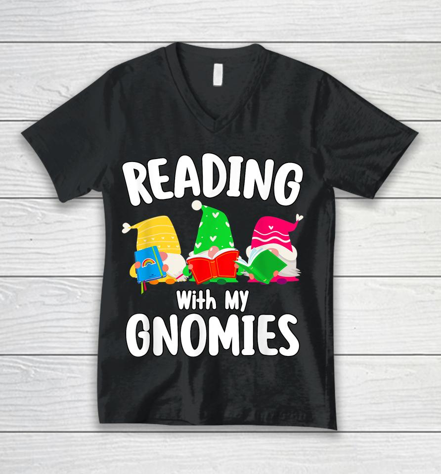 Reading With My Gnomies Funny Gnomies Who Love Books Unisex V-Neck T-Shirt