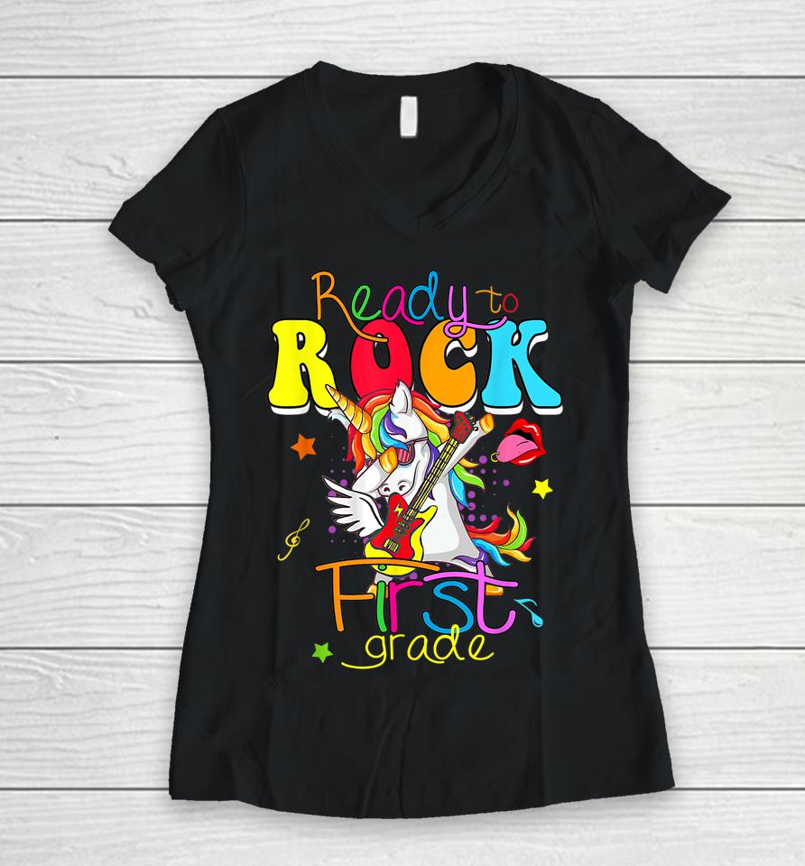 Ready To Rock First Grade Back To School Women V-Neck T-Shirt