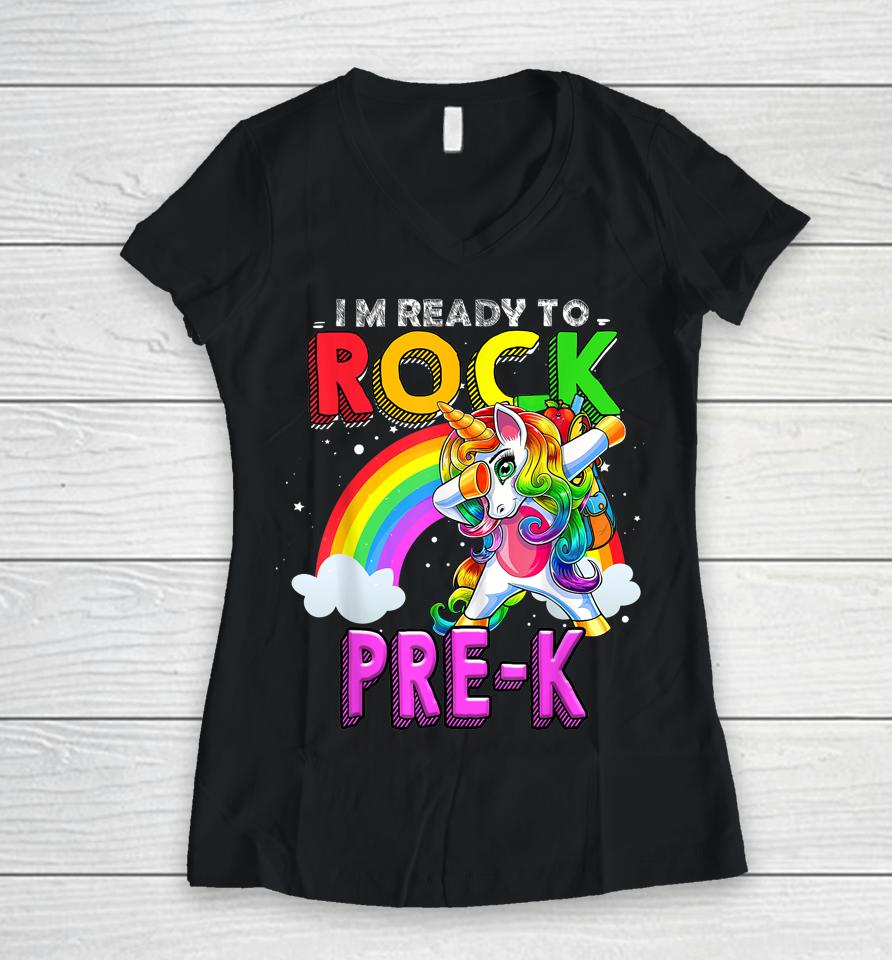 Ready To Rock Pre-K Unicorn Back To School Women V-Neck T-Shirt