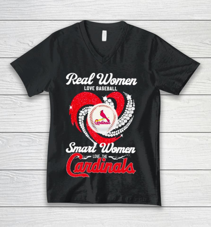 Real Women Love Baseball Smart Women Love The Arizona Cardinals Baseball Diamond Heart Unisex V-Neck T-Shirt