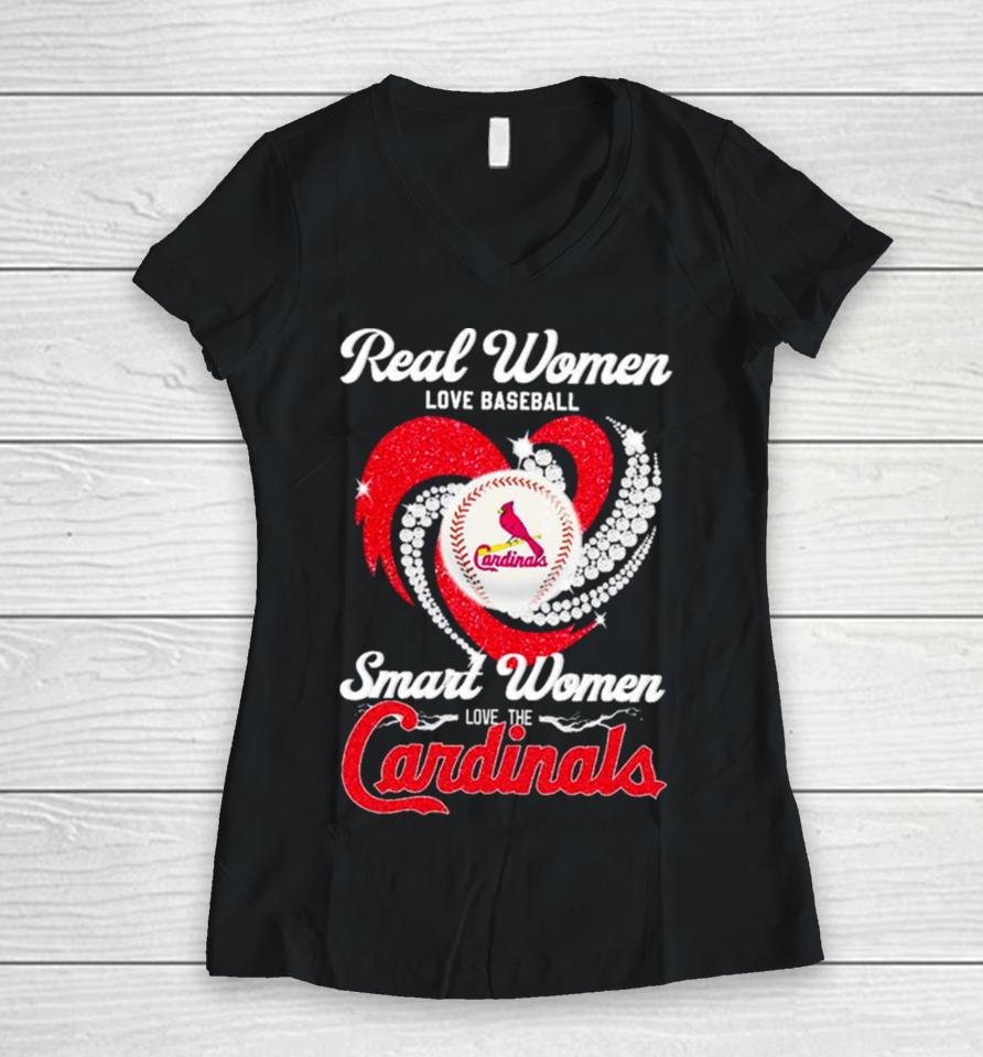 Real Women Love Baseball Smart Women Love The Arizona Cardinals Baseball Diamond Heart Women V-Neck T-Shirt