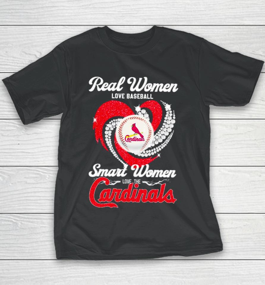 Real Women Love Baseball Smart Women Love The Arizona Cardinals Baseball Diamond Heart Youth T-Shirt