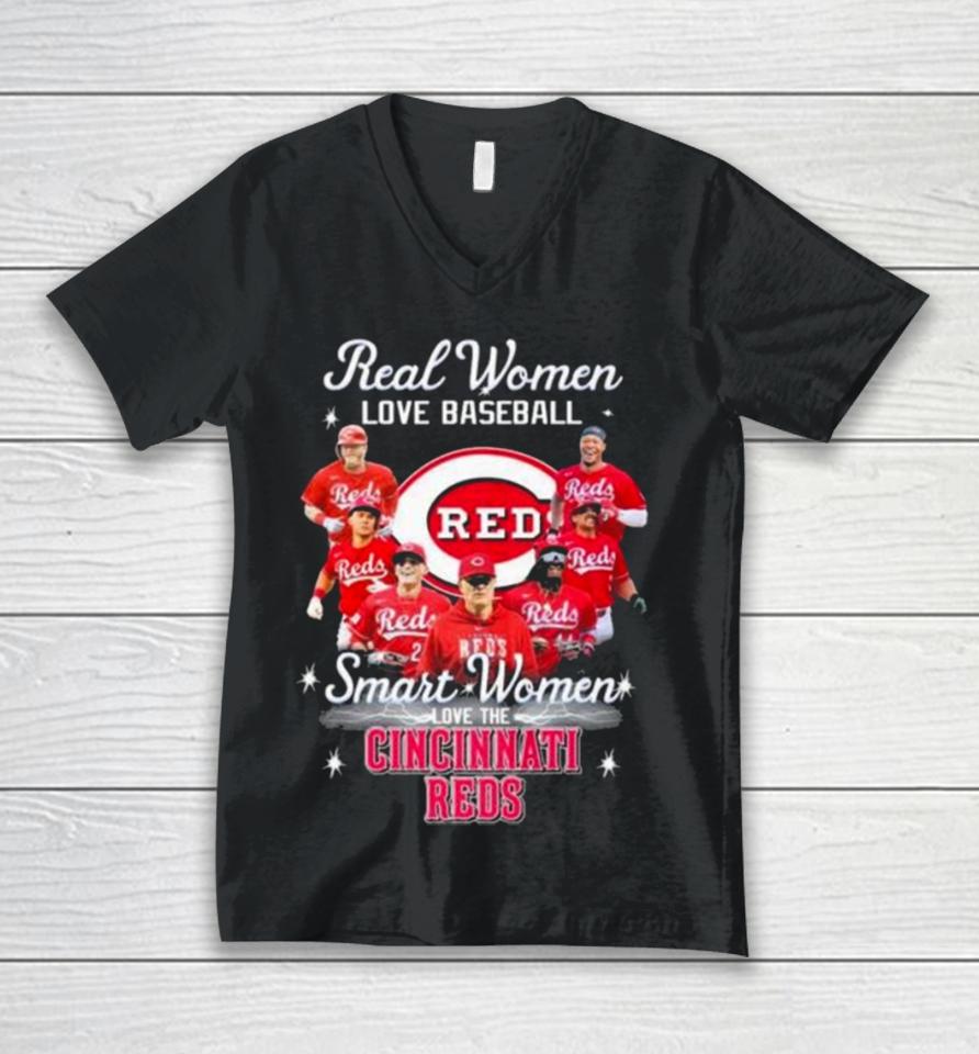 Real Women Love Baseball Smart Women Love The Cincinnati Reds Play Team 2024 Unisex V-Neck T-Shirt