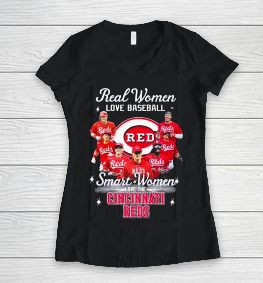Real Women Love Baseball Smart Women Love The Cincinnati Reds Play Team 2024 Women V-Neck T-Shirt