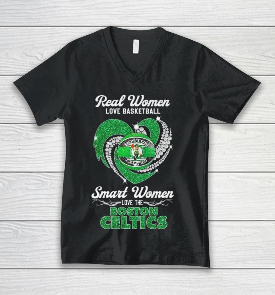 Real Women Love Basketball Smart Women Love The Boston Celtics Diamond Heart Unisex V-Neck T-Shirt