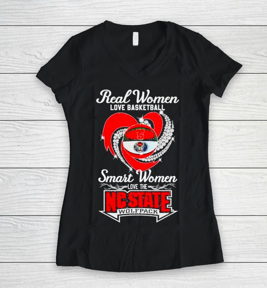 Real Women Love Basketball Smart Women Love The Nc State Wolfpack Women V-Neck T-Shirt