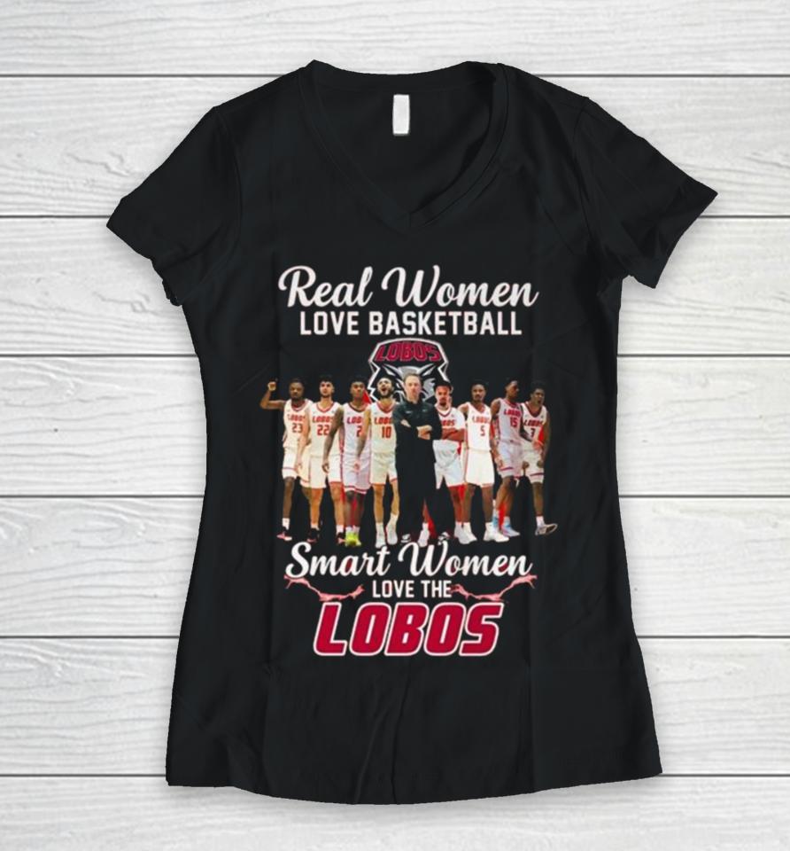 Real Women Love Basketball Smart Women Love The New Mexico Lobos Men’s Basketball Women V-Neck T-Shirt