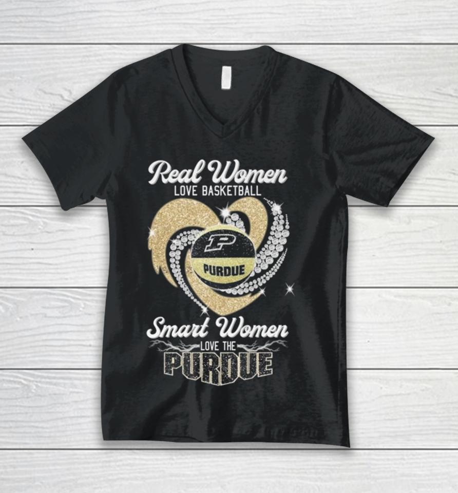 Real Women Love Basketball Smart Women Love The Purdue Boilermakers Heart Diamond 2023 Unisex V-Neck T-Shirt