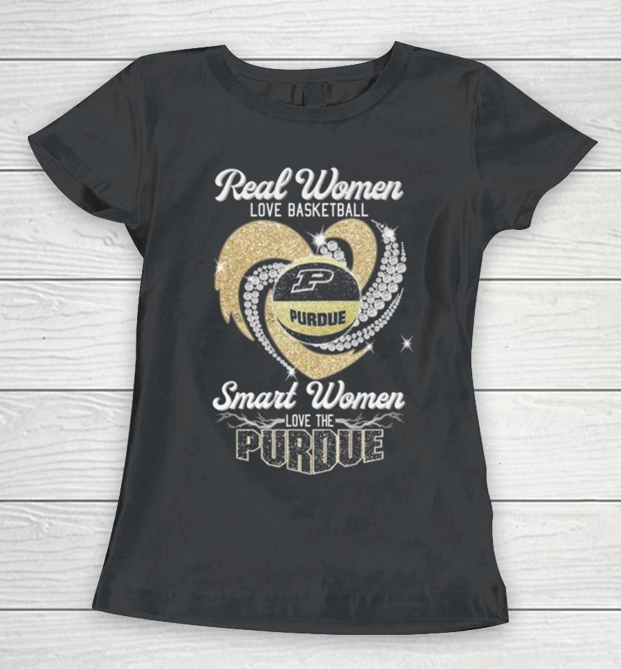 Real Women Love Basketball Smart Women Love The Purdue Boilermakers Heart Diamond 2023 Women T-Shirt