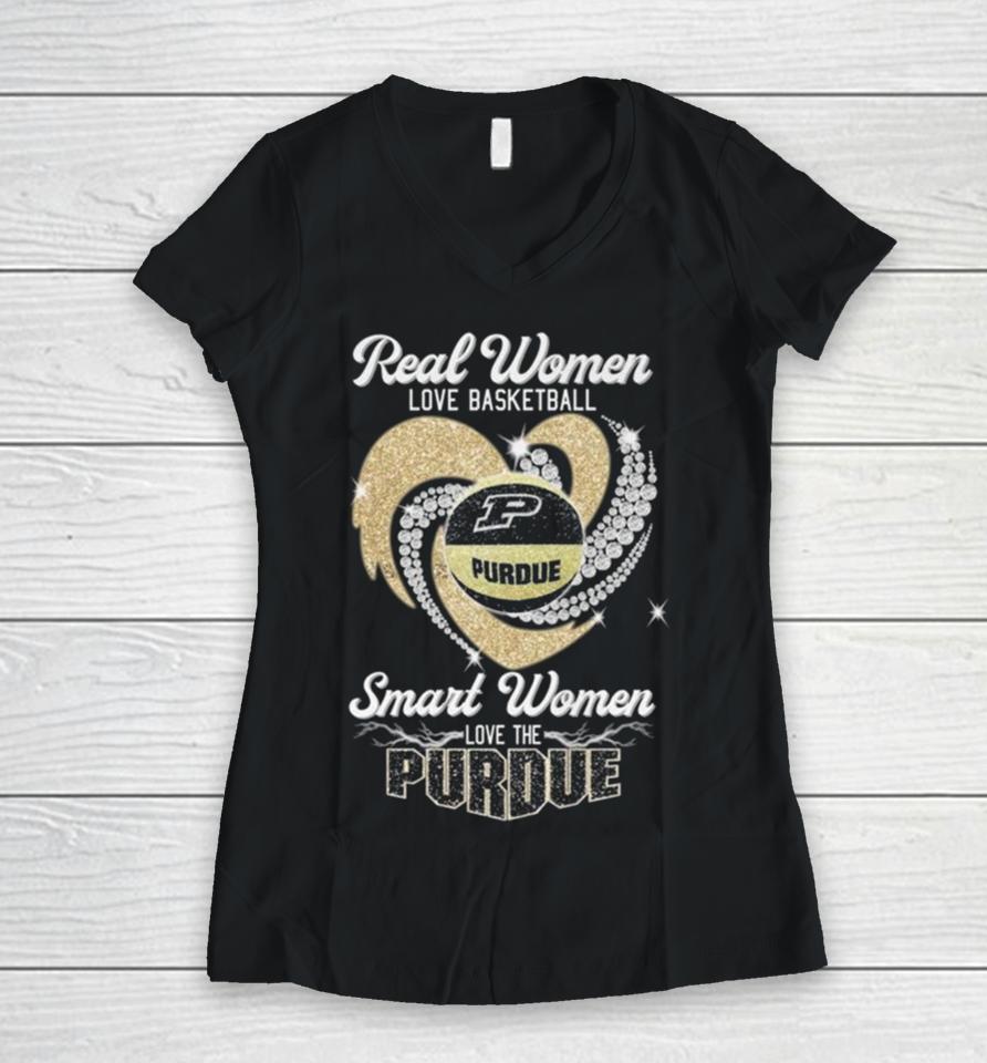 Real Women Love Basketball Smart Women Love The Purdue Boilermakers Heart Diamond 2023 Women V-Neck T-Shirt