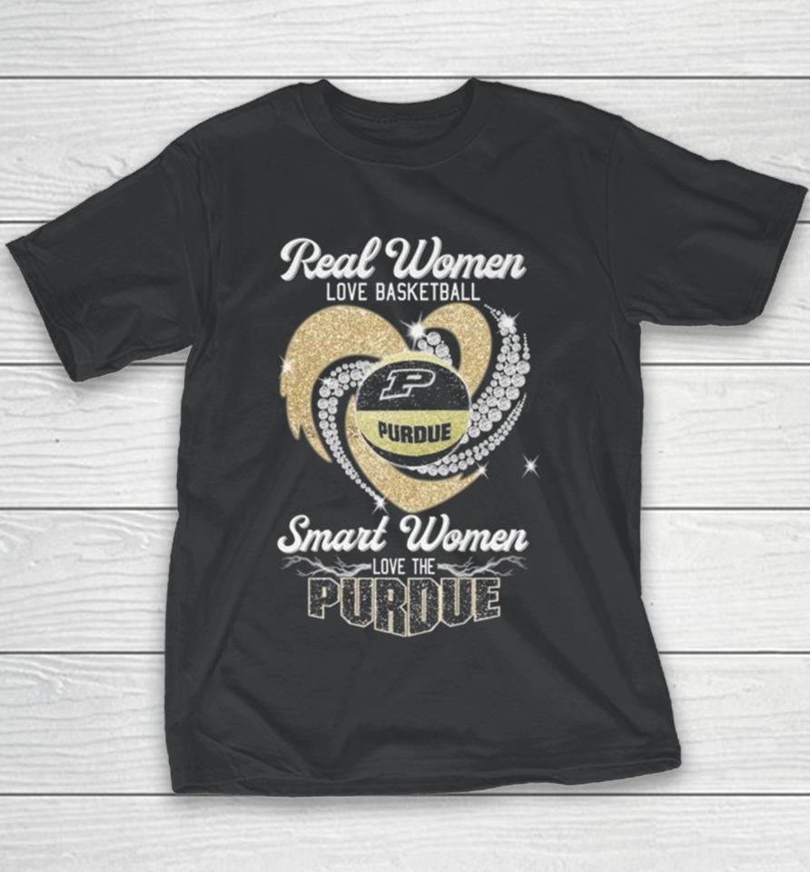 Real Women Love Basketball Smart Women Love The Purdue Boilermakers Heart Diamond 2023 Youth T-Shirt