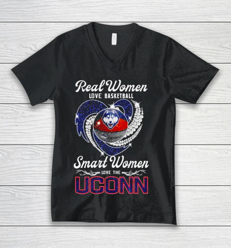 Real Women Love Basketball Smart Women Love The Uconn Huskies Heart Unisex V-Neck T-Shirt