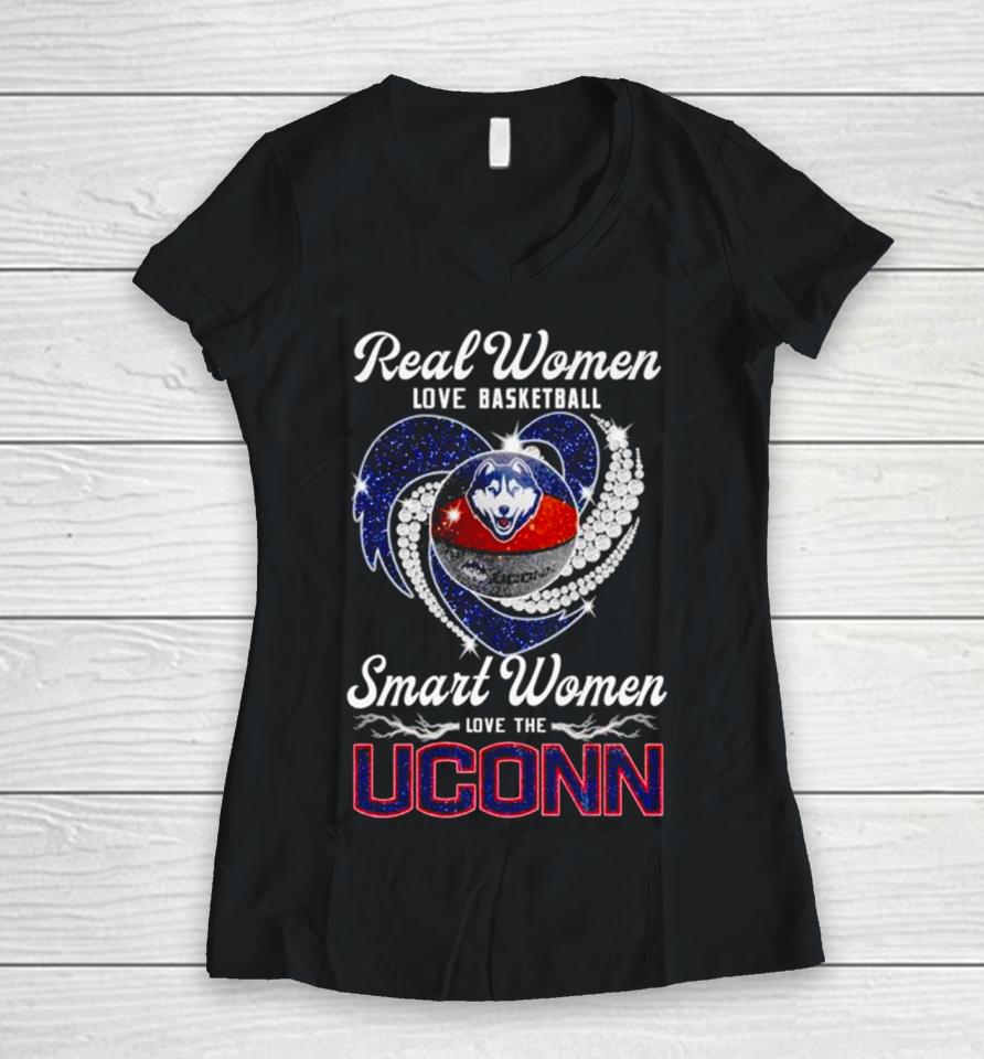 Real Women Love Basketball Smart Women Love The Uconn Huskies Heart Women V-Neck T-Shirt