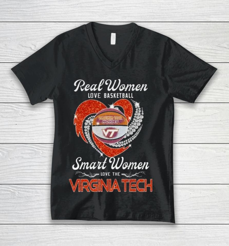 Real Women Love Basketball Smart Women Love The Virginia Tech Hokies Diamond Heart 2024 Unisex V-Neck T-Shirt