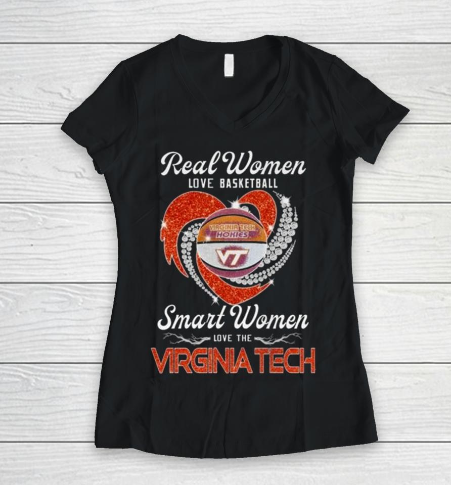 Real Women Love Basketball Smart Women Love The Virginia Tech Hokies Diamond Heart 2024 Women V-Neck T-Shirt