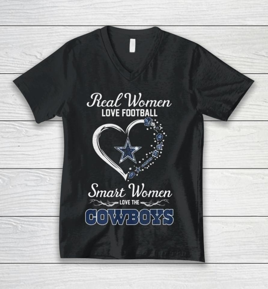 Real Women Love Football Smart Women Love Dallas Cowboys Heart 2024 Unisex V-Neck T-Shirt