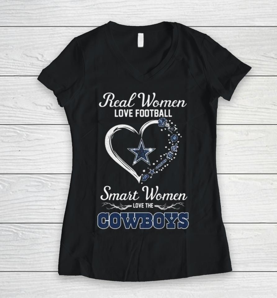 Real Women Love Football Smart Women Love Dallas Cowboys Heart 2024 Women V-Neck T-Shirt