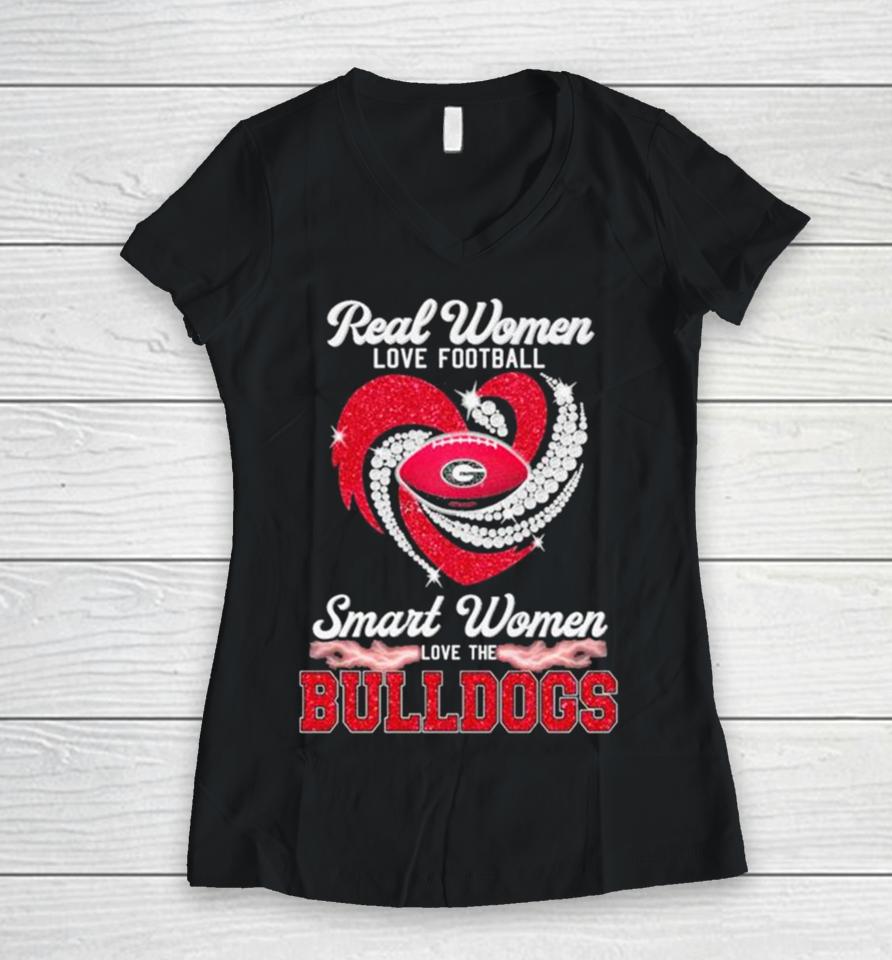 Real Women Love Football Smart Women Love The Georgia Bulldogs Heart Diamond Logo Women V-Neck T-Shirt