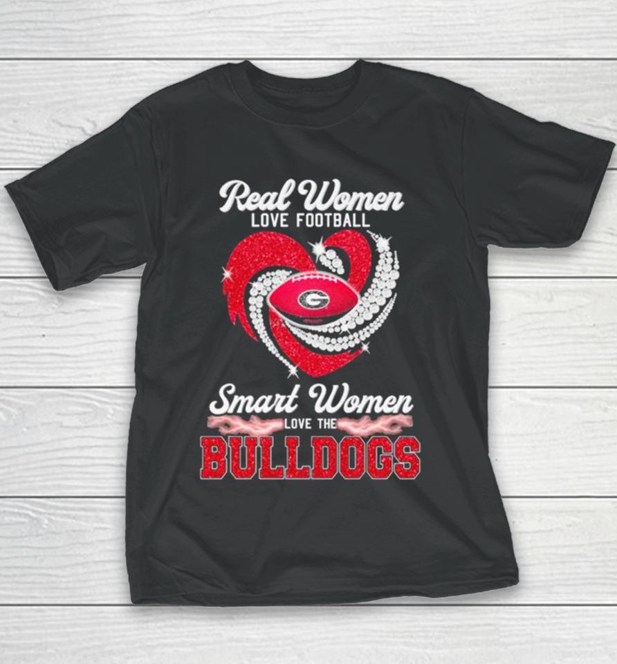 Real Women Love Football Smart Women Love The Georgia Bulldogs Heart Diamond Logo Youth T-Shirt