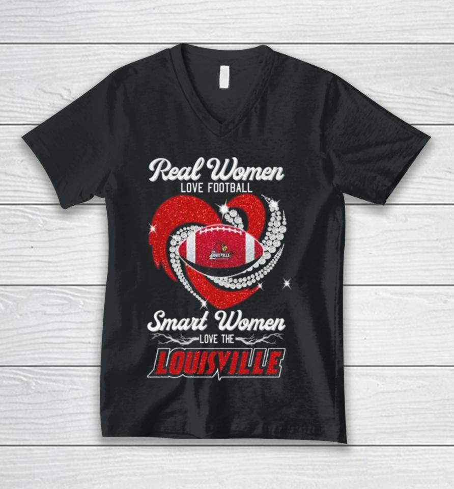 Real Women Love Football Smart Women Love The Louisville Cardinals Diamond Heart 2023 Unisex V-Neck T-Shirt
