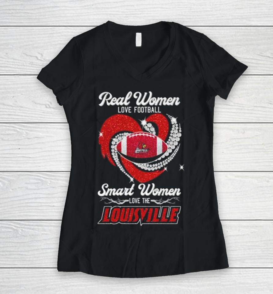 Real Women Love Football Smart Women Love The Louisville Cardinals Diamond Heart 2023 Women V-Neck T-Shirt