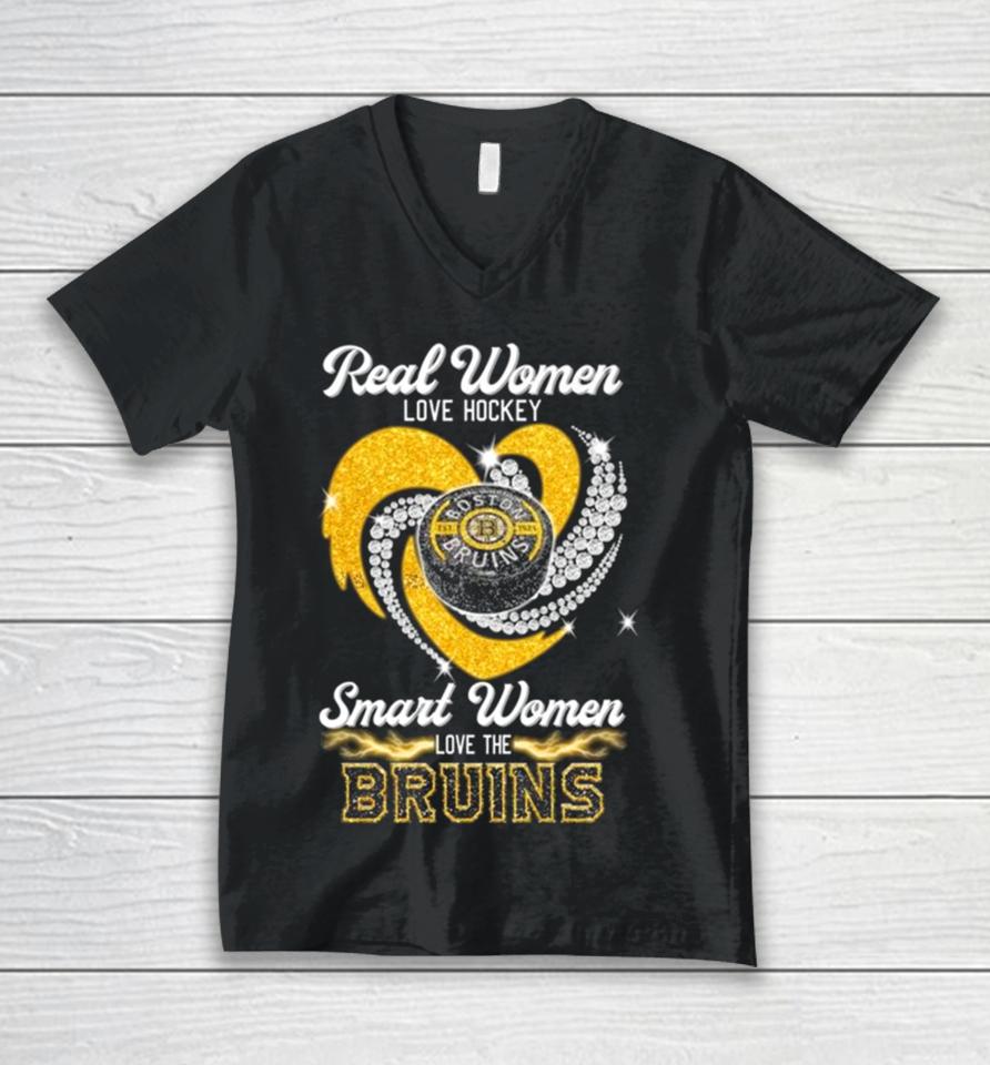 Real Women Love Hockey Smart Women Love The Boston Bruins Heart Diamond 2023 Unisex V-Neck T-Shirt
