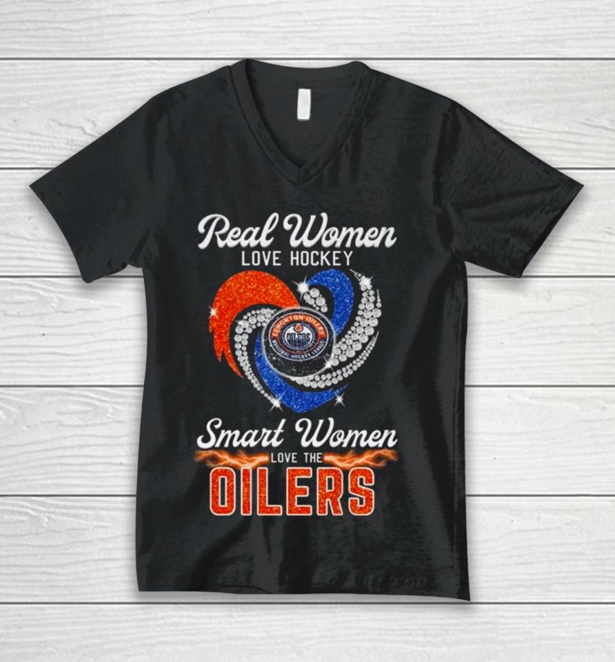 Real Women Love Hockey Smart Women Love The Edmonton Oilers Diamond Heart Unisex V-Neck T-Shirt