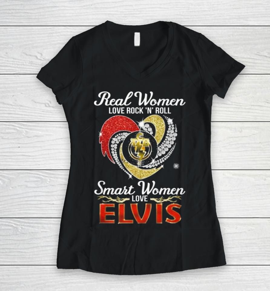 Real Women Love Rock ‘N’ Roll Tcb Smart Women Love Elvis Heart Women V-Neck T-Shirt