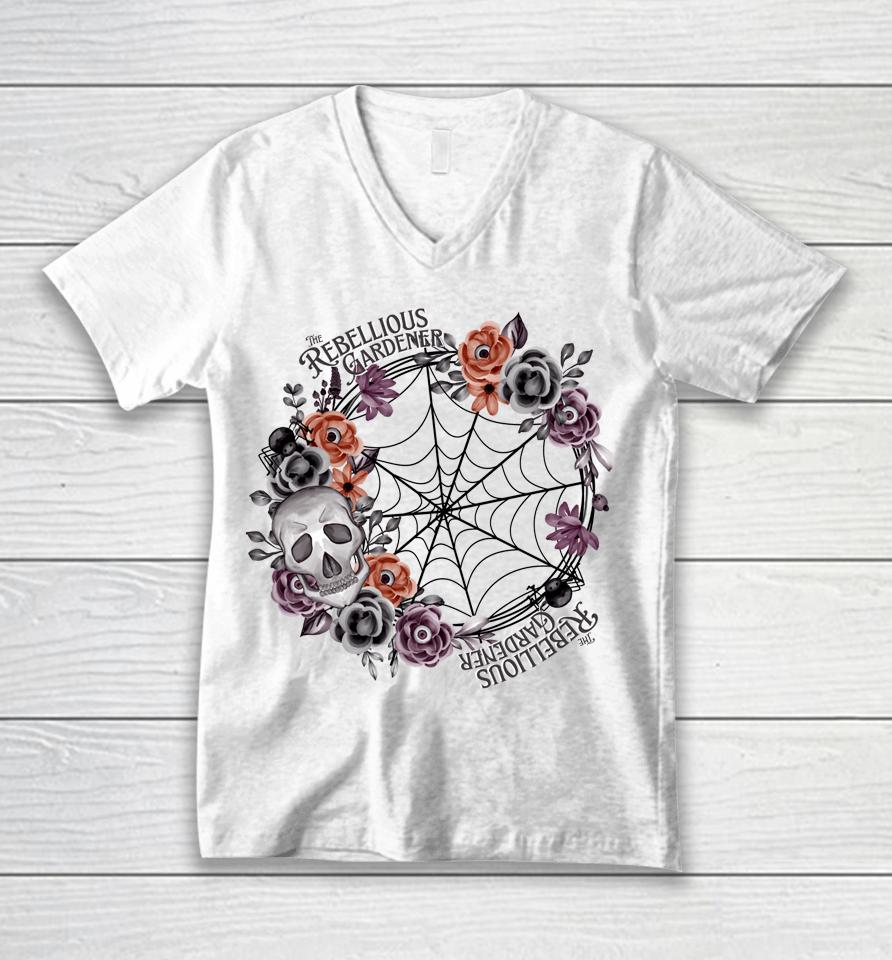 Rebellious Gardener Happy Halloween Skull Flower Design Unisex V-Neck T-Shirt