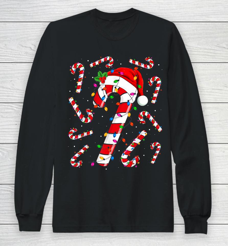 Red And White Candy Cane Santa Christmas Funny Xmas Lights Long Sleeve T-Shirt