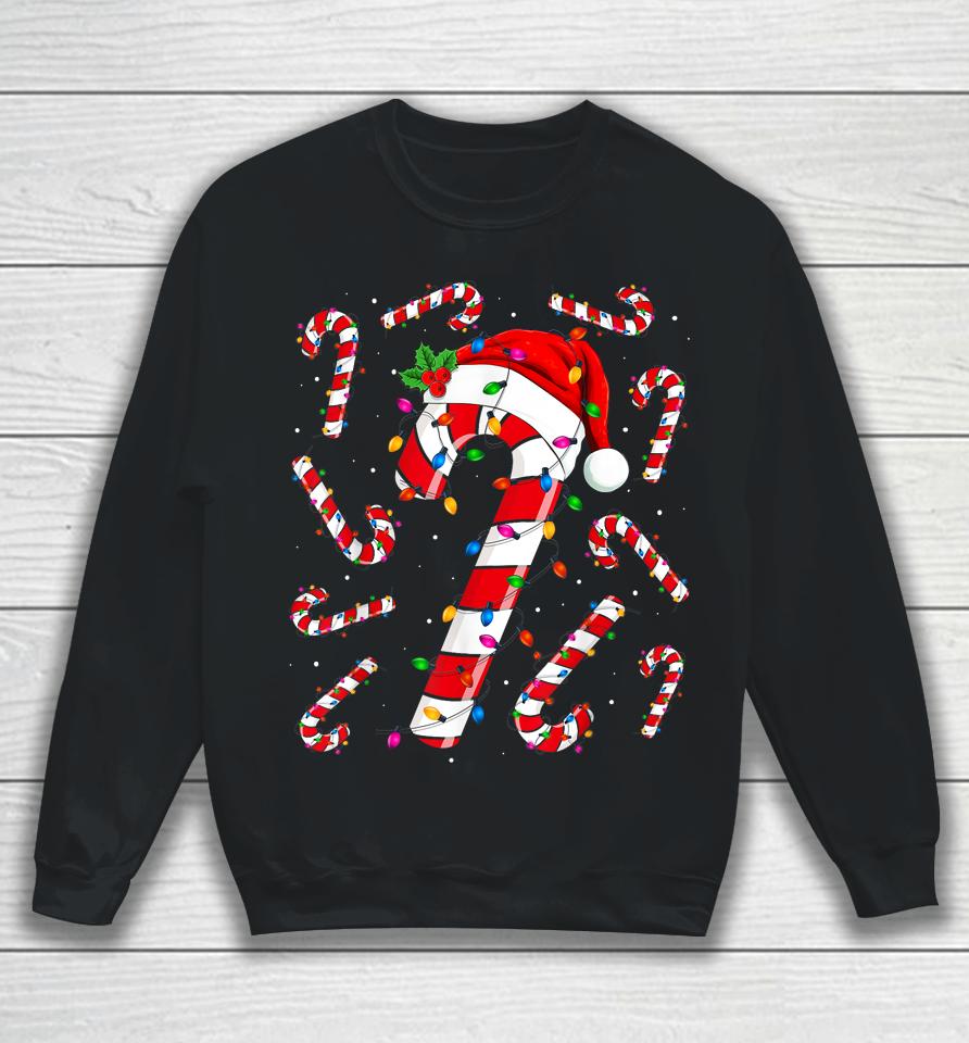 Red And White Candy Cane Santa Christmas Funny Xmas Lights Sweatshirt