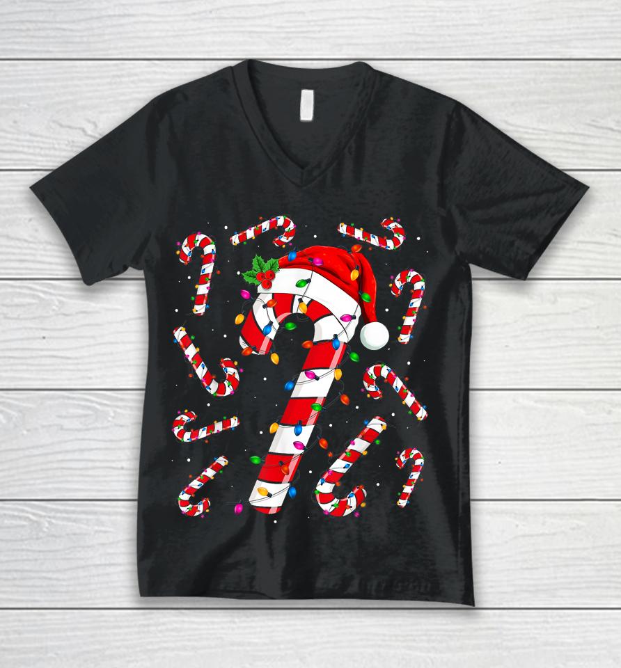 Red And White Candy Cane Santa Christmas Funny Xmas Lights Unisex V-Neck T-Shirt