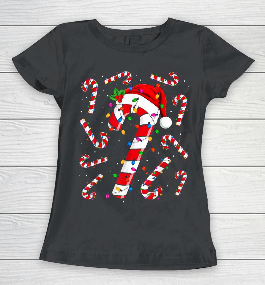 Red And White Candy Cane Santa Christmas Funny Xmas Lights Women T-Shirt