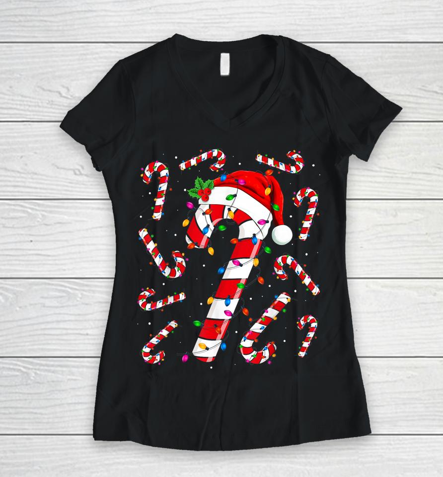 Red And White Candy Cane Santa Christmas Funny Xmas Lights Women V-Neck T-Shirt