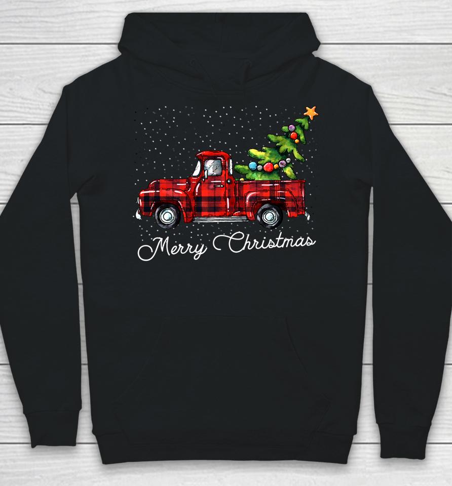 Red Buffalo Plaid Pickup Truck With Tree Merry Christmas Hoodie