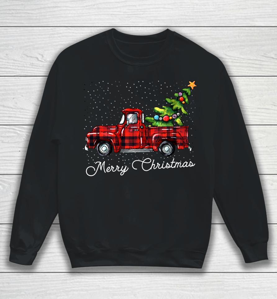 Red Buffalo Plaid Pickup Truck With Tree Merry Christmas Sweatshirt