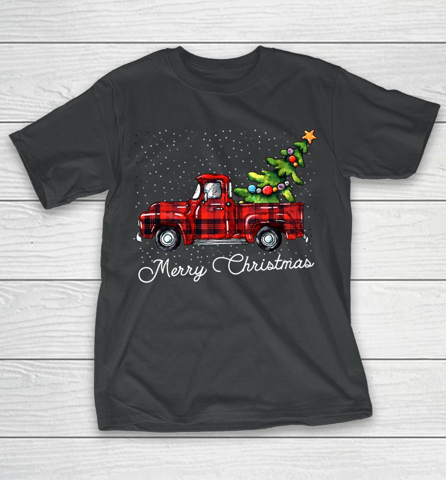 Red Buffalo Plaid Pickup Truck With Tree Merry Christmas T-Shirt