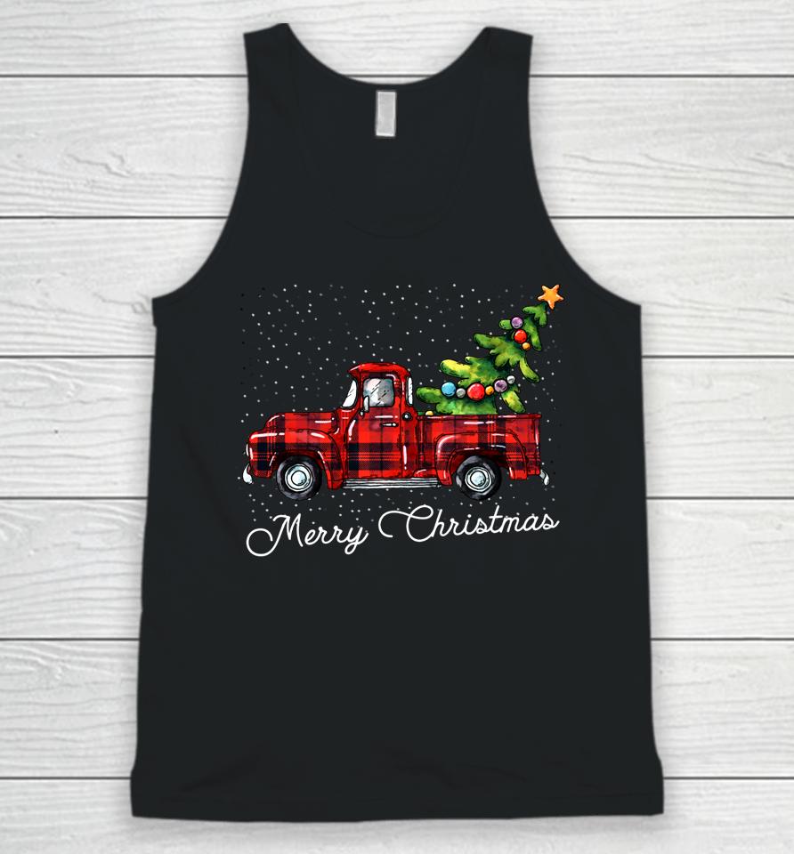 Red Buffalo Plaid Pickup Truck With Tree Merry Christmas Unisex Tank Top