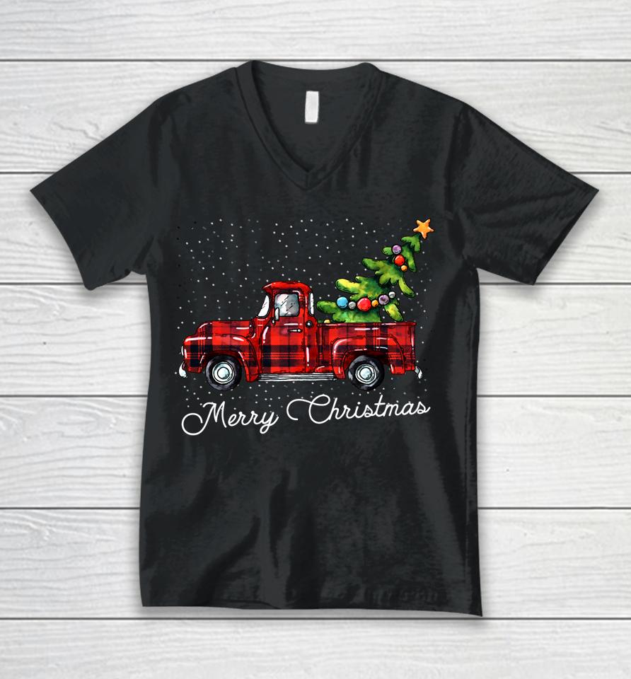 Red Buffalo Plaid Pickup Truck With Tree Merry Christmas Unisex V-Neck T-Shirt