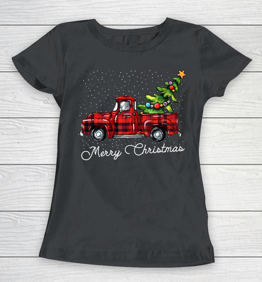 Red Buffalo Plaid Pickup Truck With Tree Merry Christmas Women T-Shirt