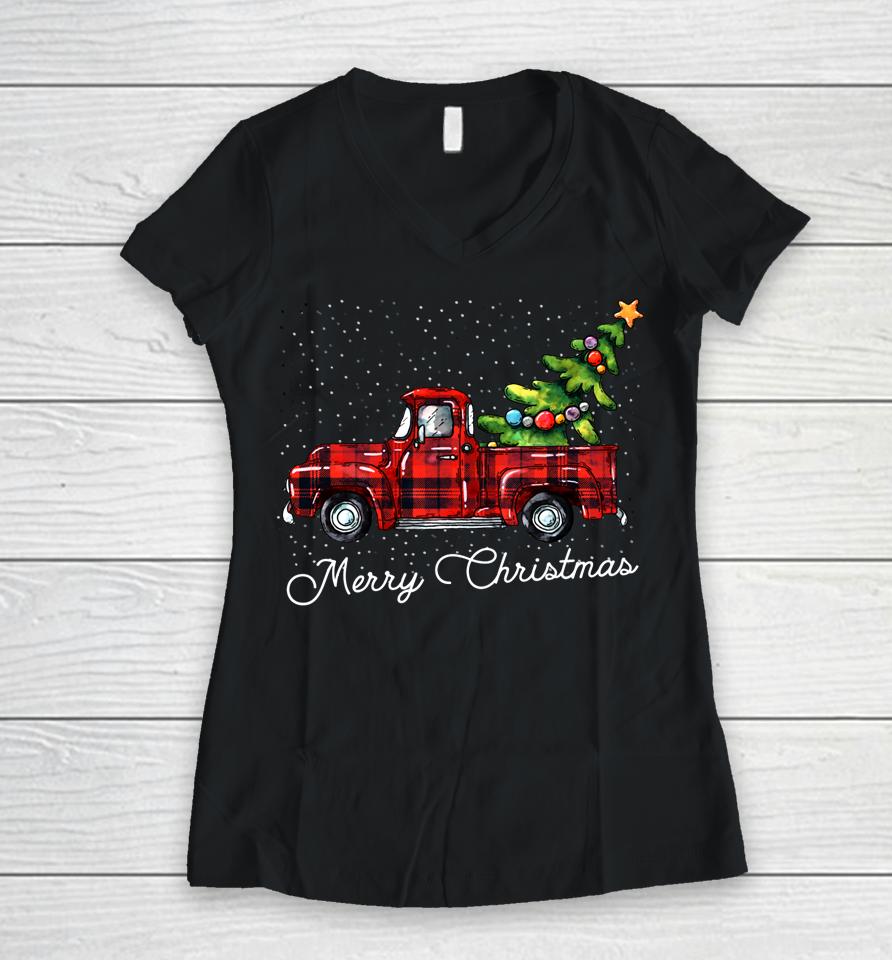Red Buffalo Plaid Pickup Truck With Tree Merry Christmas Women V-Neck T-Shirt