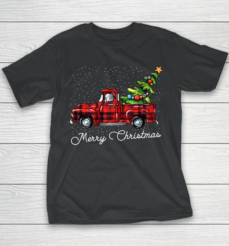 Red Buffalo Plaid Pickup Truck With Tree Merry Christmas Youth T-Shirt