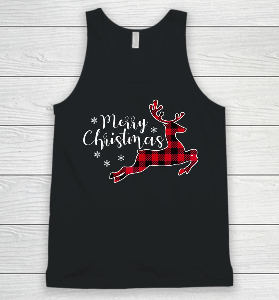 Red Plaid Merry Christmas Letter Reindeer Snowflake Buffalo Unisex Tank Top