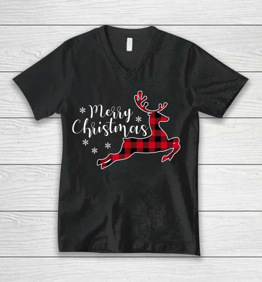 Red Plaid Merry Christmas Letter Reindeer Snowflake Buffalo Unisex V-Neck T-Shirt