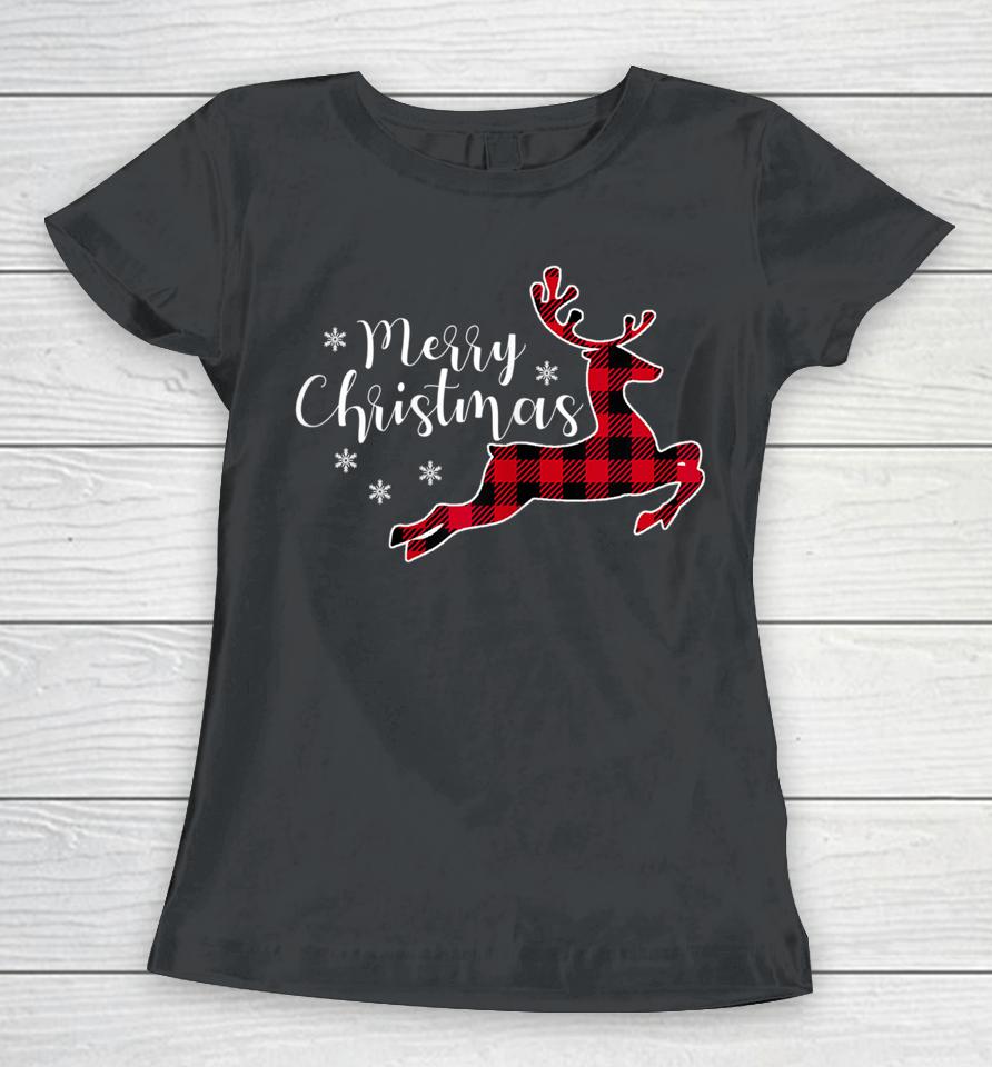 Red Plaid Merry Christmas Letter Reindeer Snowflake Buffalo Women T-Shirt